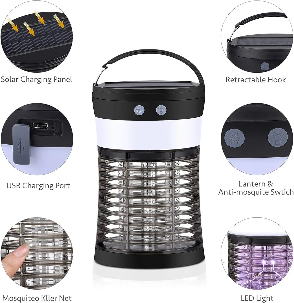 3000V Solar Mosquito Killer with 360° UV & 10H Runtime – USB-C Charging, 3 Lighting Modes, Safe for Kids/Pets, Ideal for Patio, Camping, Garden