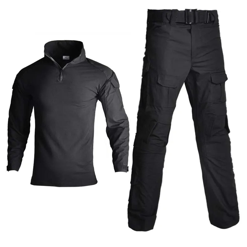 Men's G3 Frog Tactical Suit Combat Shirt Pants Set Camo Black Military Style Uniform with Knee Pads Gloves for Hunting Hiking
