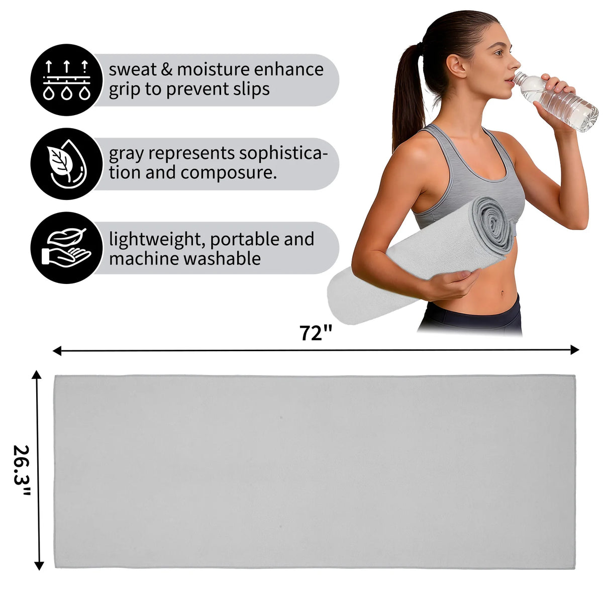 Non-Slip Microfiber Yoga Towel for Hot Yoga & Pilates - Sweat Absorbent, Quick Dry, Machine Washable - Mat Cover, Ideal for Gym - 183x67cm