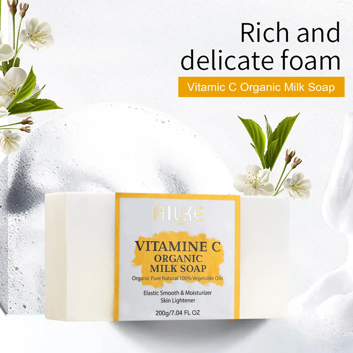 AILKE Vitamin C Organic Milk Soap Bar, Whitening, Reduce Dark Spots, Wrinkles, Smooth & Soften Skin, for Face, Body, 200g/7 oz