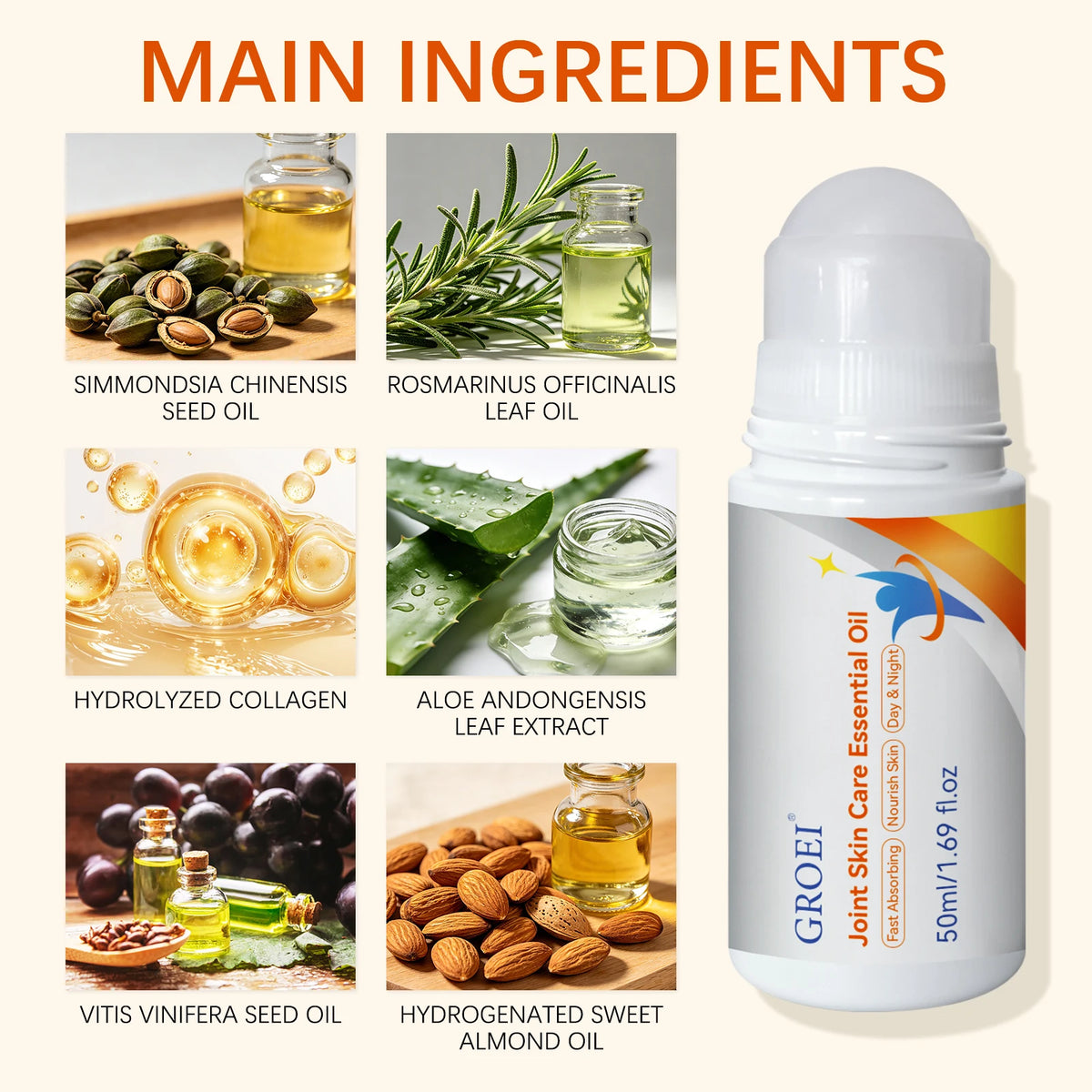 50ml Joint Skin Care Essential Oil Roll-on, Natural Plant Formula with Jojoba Oil & Rosemary Leaf Oil, Fast Absorbing Non-Greasy Massage Oil for Muscle & Joint Skin Daily Nourishing