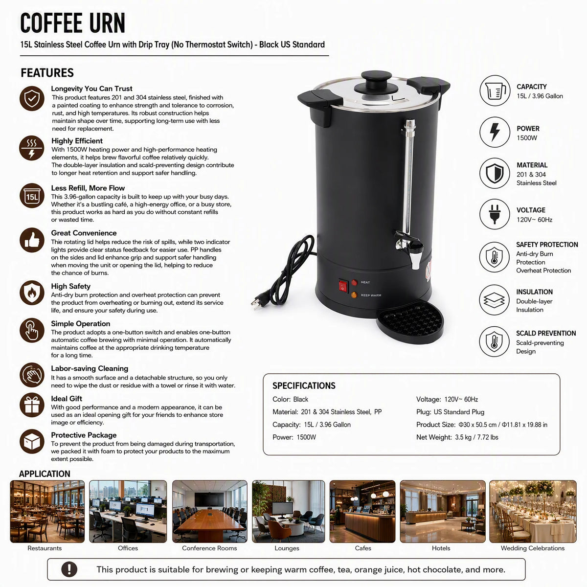Commercial Electric Coffee Pot 15L/3.96Gal Hot Water Dispenser, Stainless Steel Coffee Urn with 1500W Fast Heating & Insulation for Restaurant Office Hotel, Black