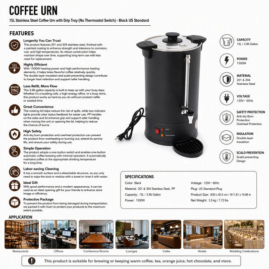 Commercial Electric Coffee Pot 15L/3.96Gal Hot Water Dispenser, Stainless Steel Coffee Urn with 1500W Fast Heating & Insulation for Restaurant Office Hotel, Black