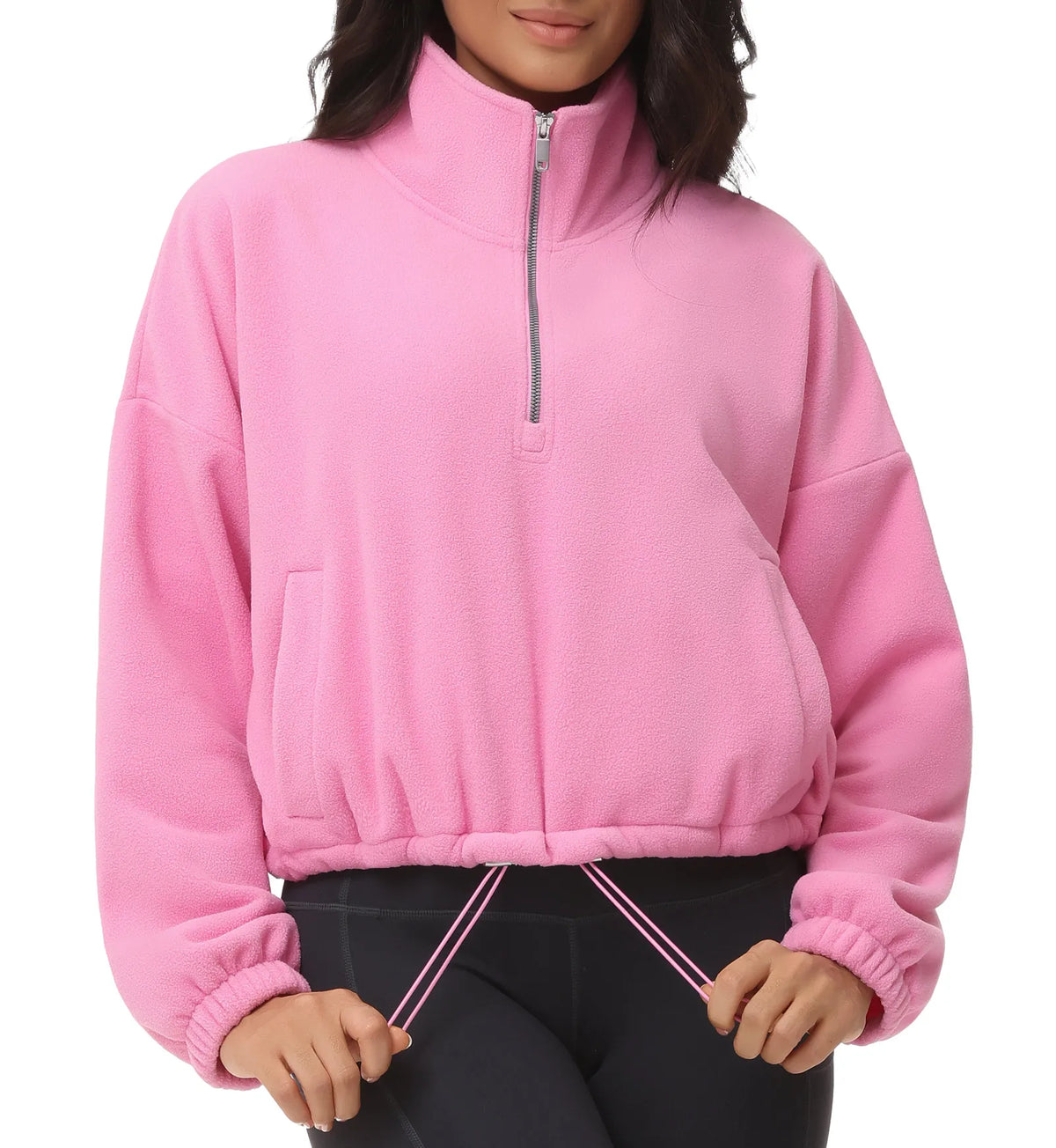 THE GYM PEOPLE Women’s Half Zip Crop Pullover Sweatshirt Fleece Loose Fit Workout Tops with Pockets Drawstring Hem