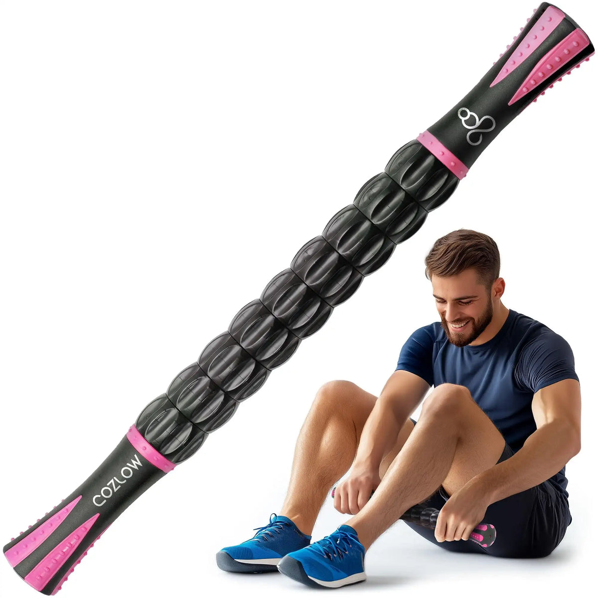 Cozlow Muscle Roller Stick, Handheld Body Massage Tool with 9 Rollers & Anti-Slip Handles back massager massage stick portable massager