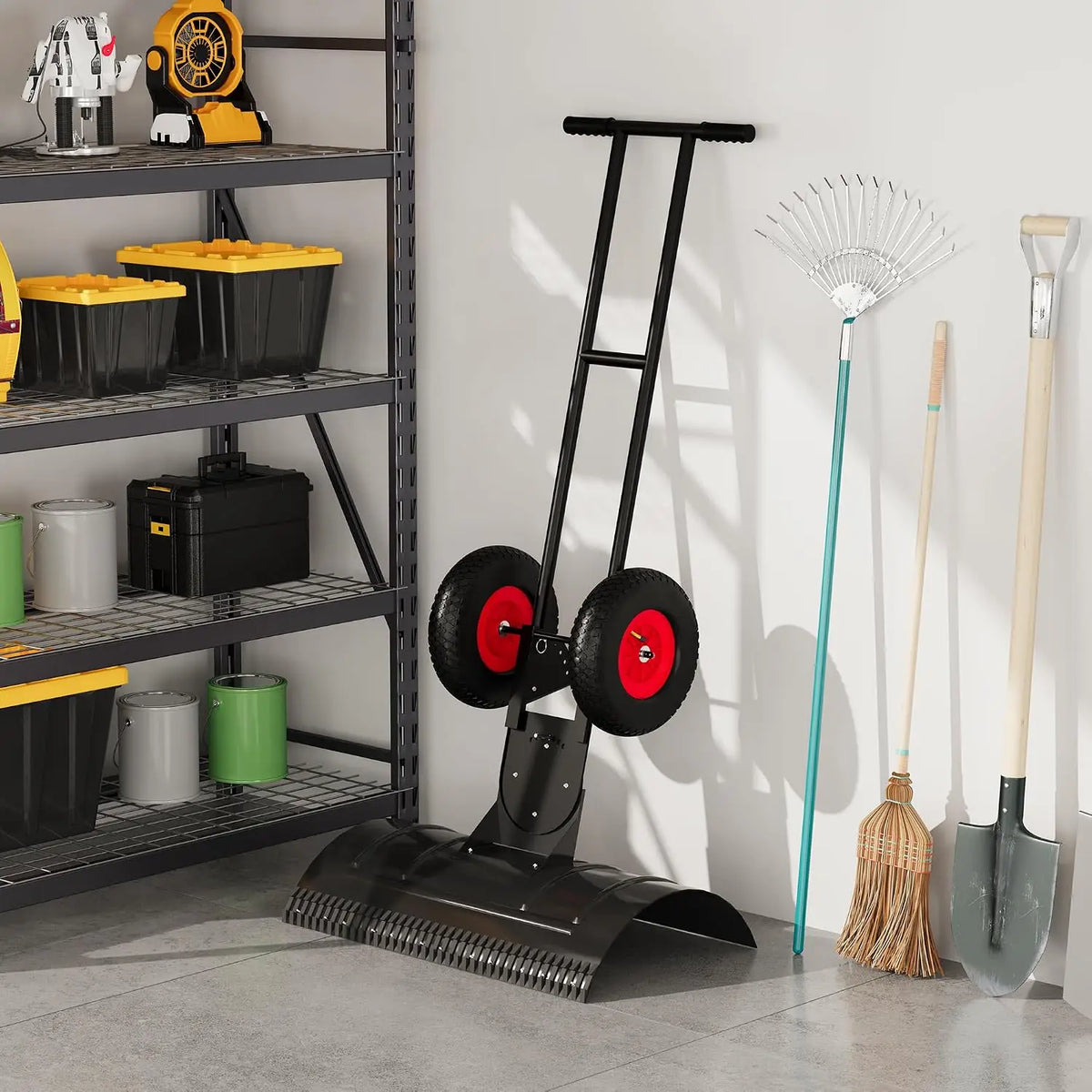 Home Metal Snow Pusher with Wheels Adjustable Angle & Height Handle Ergonomic Double-Rod Design for Effortless Driveway & Sidewalk Clearing