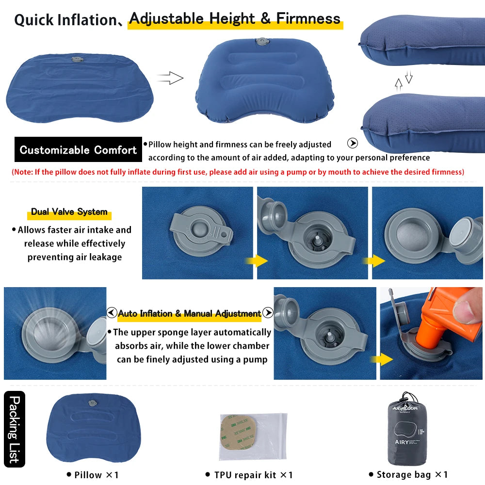 Soomloom Inflating Camping Pillow - Lightweight Ergonomic Travel Pillow for Outdoor, Car Camping, Compact Inflating Air Pillow