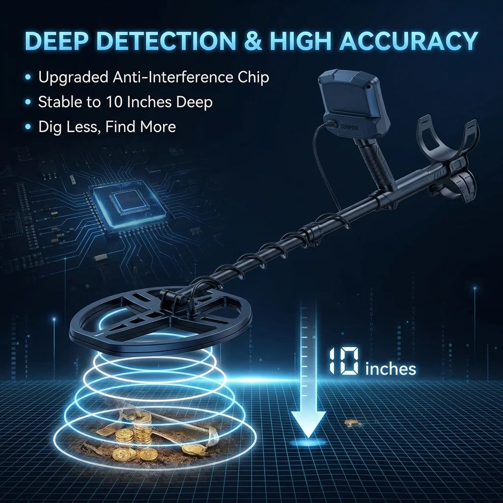 SUNPOW Professional Underground Metal Detector for Adults, Rechargeable, 11" IP68 Waterproof Double D Coil, High Accuracy Gold Detector with Large Backlit LED Display for Outdoor Treasure Hunting, Beach Field Yard Relic Coin
