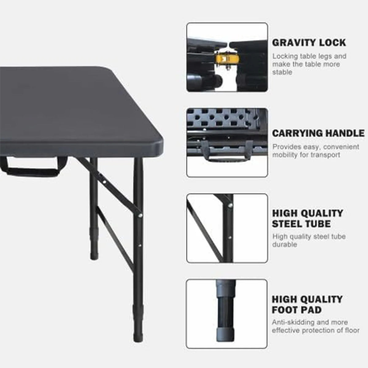 Folding Table 4ft Height Adjustable Heavy-Duty Plastic 300lb Steel Frame | Portable Foldable Table with Carry Handle,Anti-Slip Feet,Waterproof & Easy to Clean,300LBS Weight Capacity for Indoor Outdoor