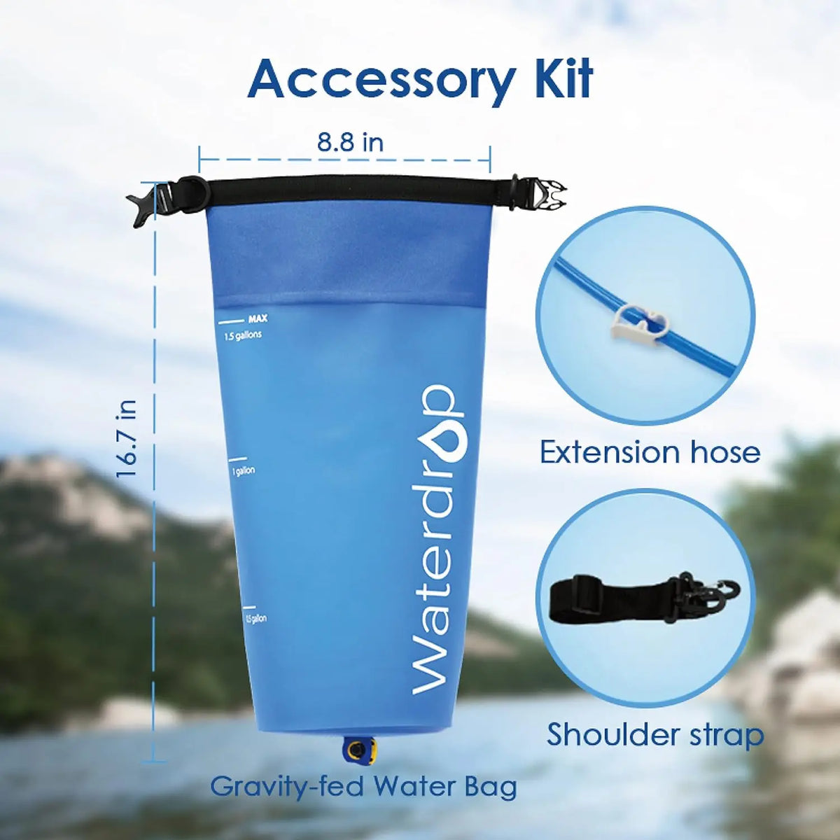 Waterdrop Gravity Water Bag, Compatible with Water Filter Straw | for Camping, Travel, Backpacking, Hiking and Emergency, Flex Foldable, 1.5 Gallon, with Outlet Tube