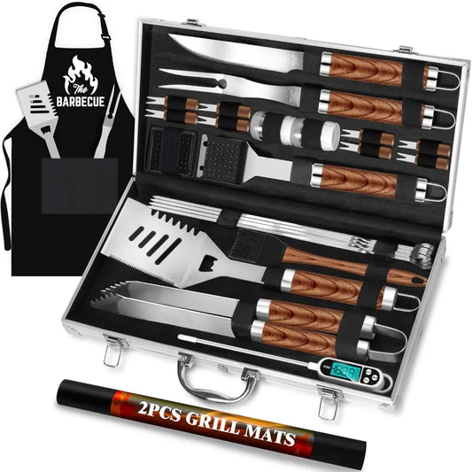26 Piece Stainless Steel BBQ Grilling Accessories Set with Apron Thermometer Mats in Aluminum Case Gift for Men
