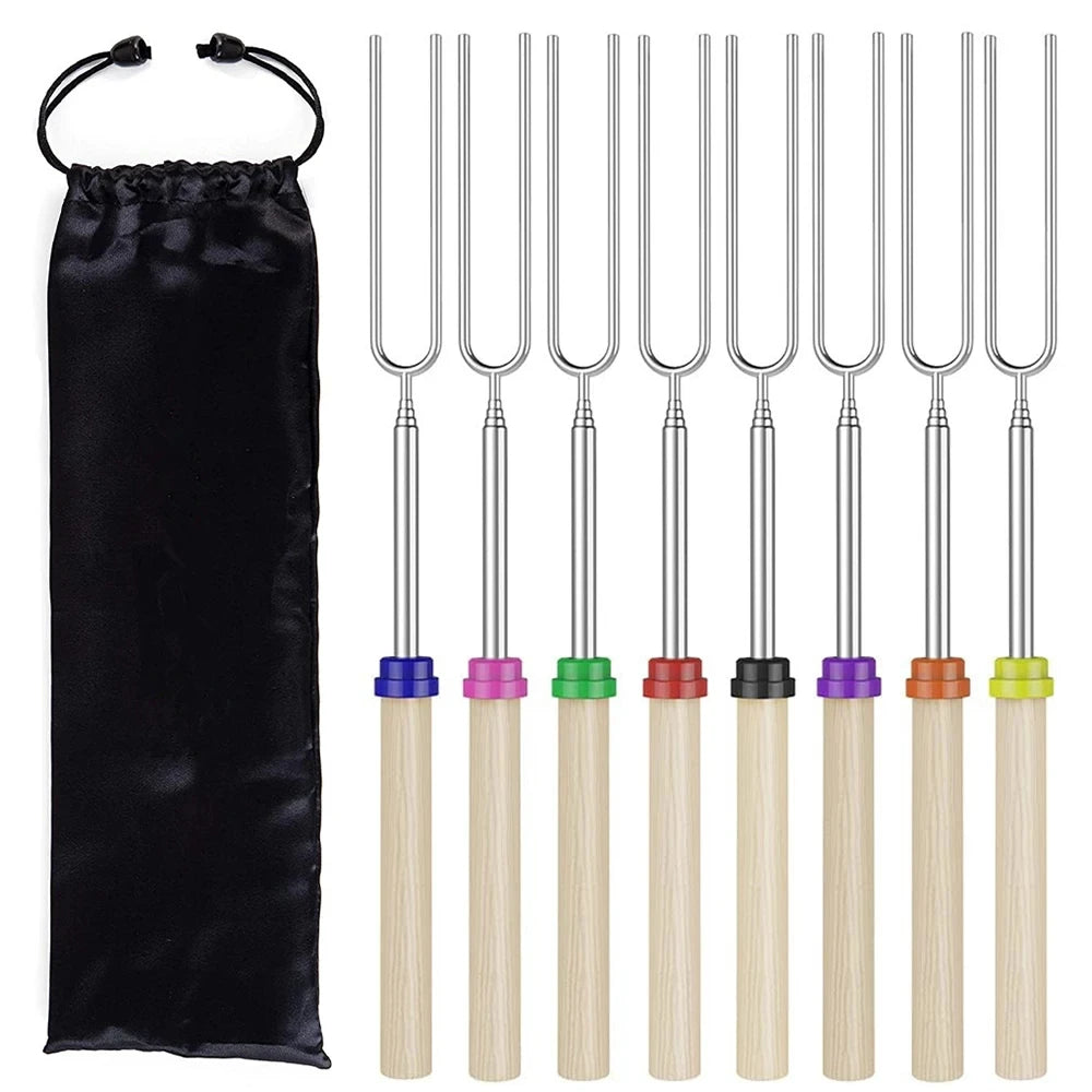 8Pcs Barbecue Skewers Stainless Steel BBQ Fork Extendable Marshmallow Roasting Stick Telescoping Smores Hot Dog Sausages Skewers