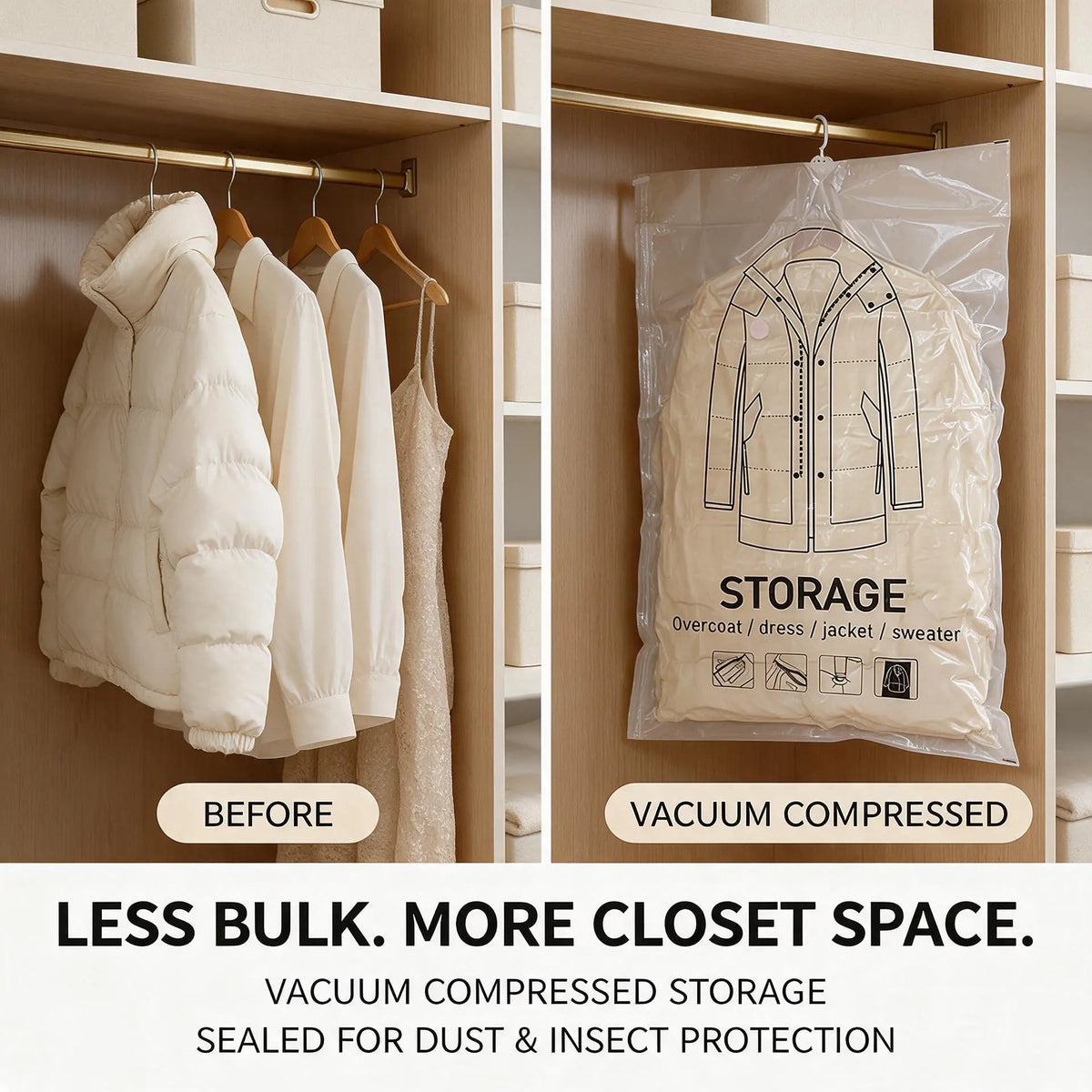 Hanging Vacuum Storage Bags for Clothes, Space Saver Garment Bags for Coats, Jackets, Dresses & Sweaters, Reusable Vacuum Seal Bags for Closet Organization, Winter Clothes, Seasonal Storage, Clear, Large Capacity, Dustproof &