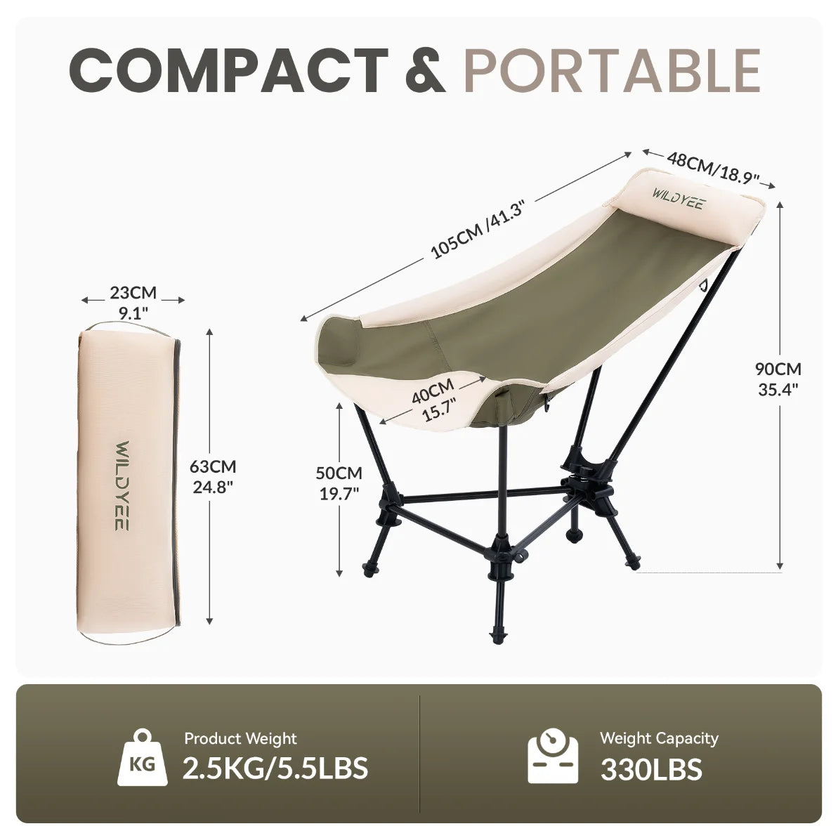 Patented Portable Folding Camping Rocking Chair, 2-Height Adjustable High Back Outdoor Rocker with Padded Headrest & Removable Storage Bag for Camping, Fishing, Beach