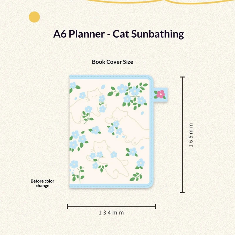 Kinbor Original A6 Light-sensitive Color Changing Undated Planner, Cat Sunbathing Design, Healing Journal, Girls Stationery Gift