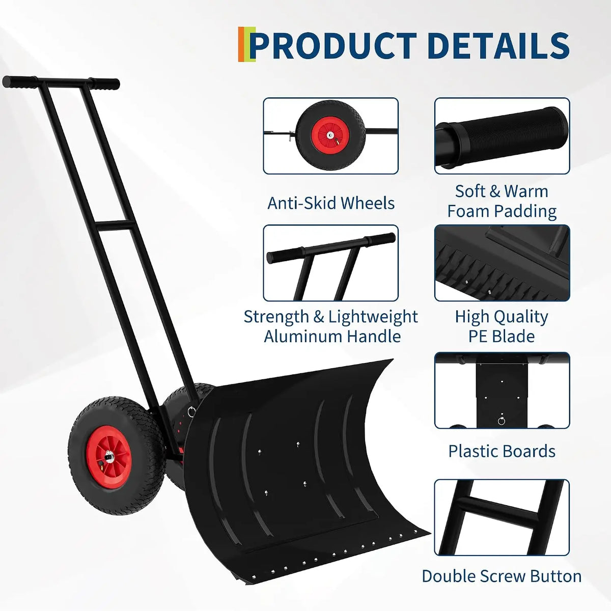 Home Metal Snow Pusher with Wheels Adjustable Angle & Height Handle Ergonomic Double-Rod Design for Effortless Driveway & Sidewalk Clearing