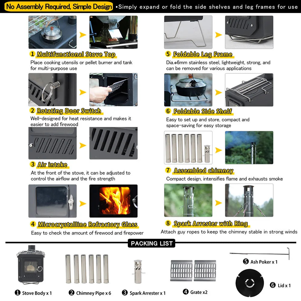 Soomloom Black Firewood Stove PROTO, Firewood & Pellets Dual-purpose Stove with Side Shelf, Outdoor Camping Heating BBQ Campfire