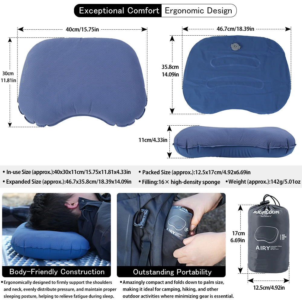 Soomloom Inflating Camping Pillow - Lightweight Ergonomic Travel Pillow for Outdoor, Car Camping, Compact Inflating Air Pillow