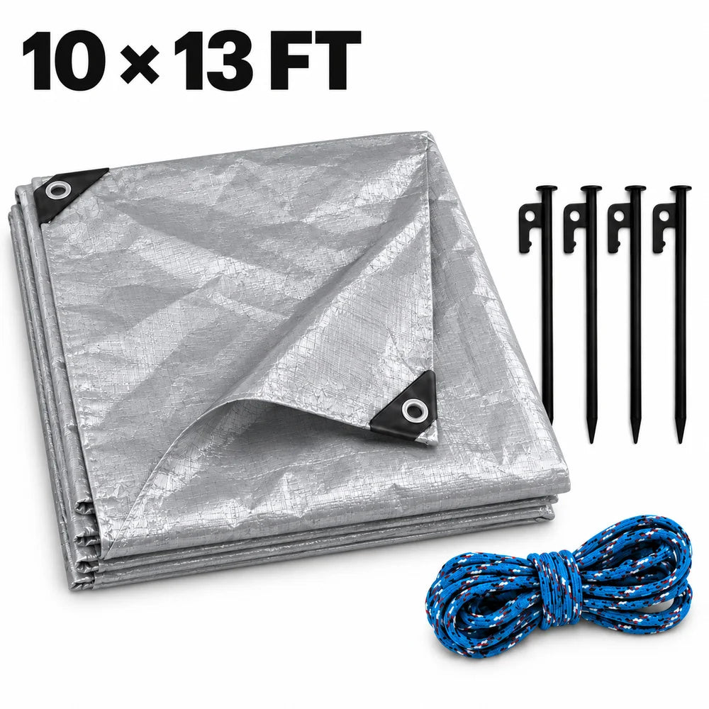 Zoe Waterproof Tarp With 20 Cm Ground Stakes And 5 M Tie Down Rope For Securing Outdoor Covers PE Tarpaulin With Grommets For Patio Furniture Firewood And Yard Equipment