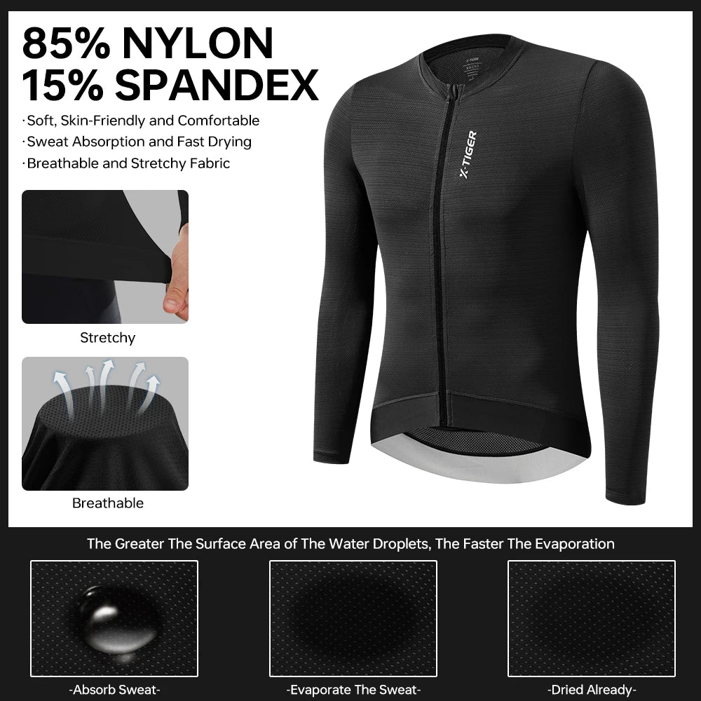 X-TIGER Cycling Jersey Long Sleeve for Men Spring Autumn Cycling TopFull Zipper 3 Rear Pockets Hidden Pocket Breathable MTB Road Bicycle Clothing