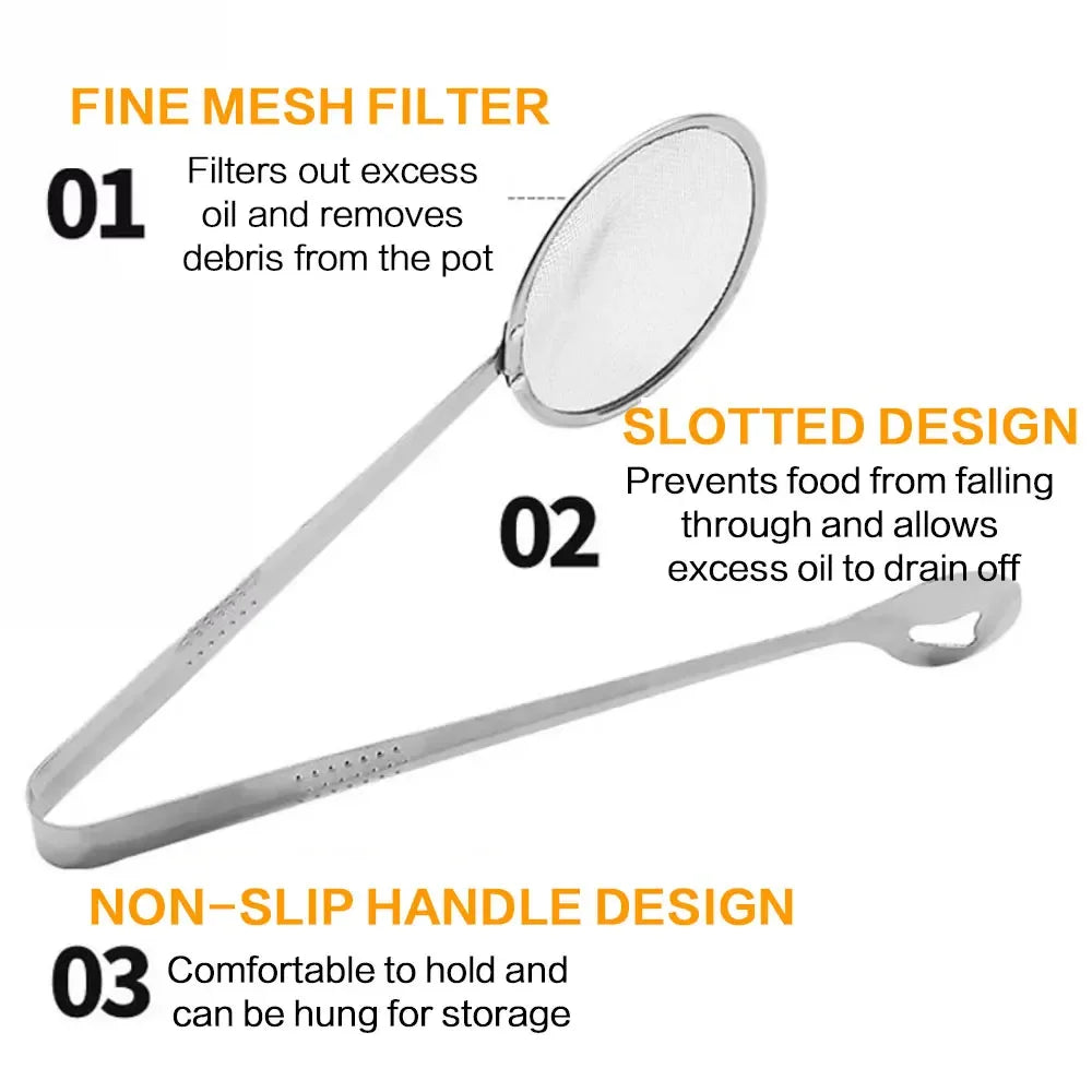 Stainless Steel Multifunctional Mesh Strainer Spoon Clip Oil Filter Colander Heat Resistant Kitchen Utensil Fried Food Salad BBQ Serving Long Handle Non Slip Durable Easy Clean Professional Kitchenware