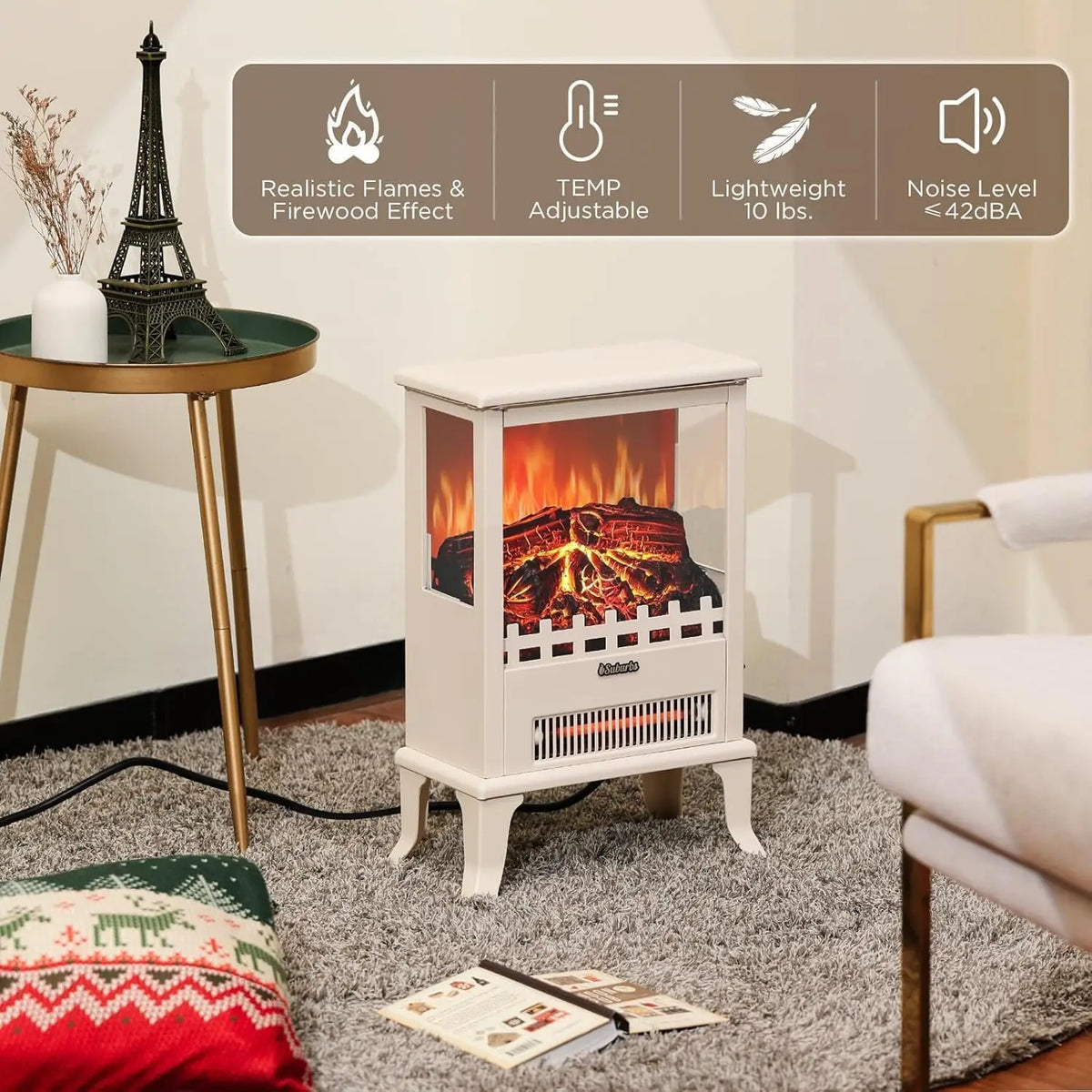 Tacleekii 19" 1500W Infrared Electric Fireplace Freestanding Heater 3-sided View, Realistic 3D LED Flames, 400-1000 Sq. Ft. Heating, Anti-overheating Tipping