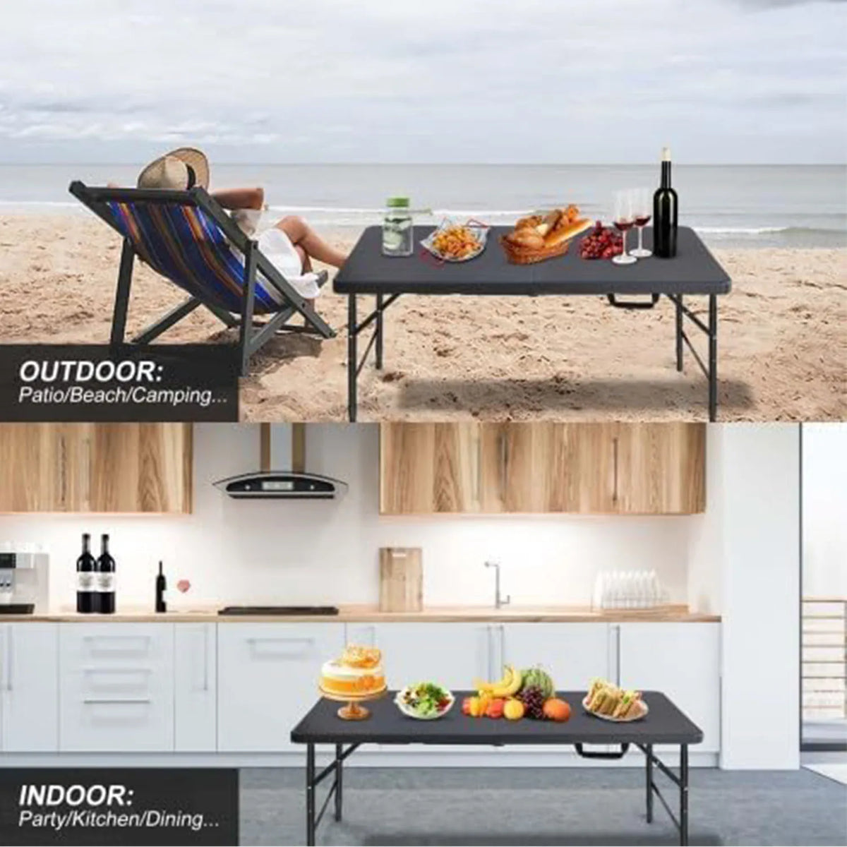 Folding Table 4ft Height Adjustable Heavy-Duty Plastic 300lb Steel Frame | Portable Foldable Table with Carry Handle,Anti-Slip Feet,Waterproof & Easy to Clean,300LBS Weight Capacity for Indoor Outdoor