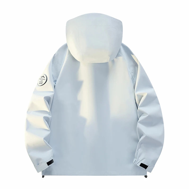 Unisex Waterproof Windproof Hiking Hooded Jacket Breathable Diagonal Zipper Outdoor Hiking Mountain Coat Casual Windbreaker