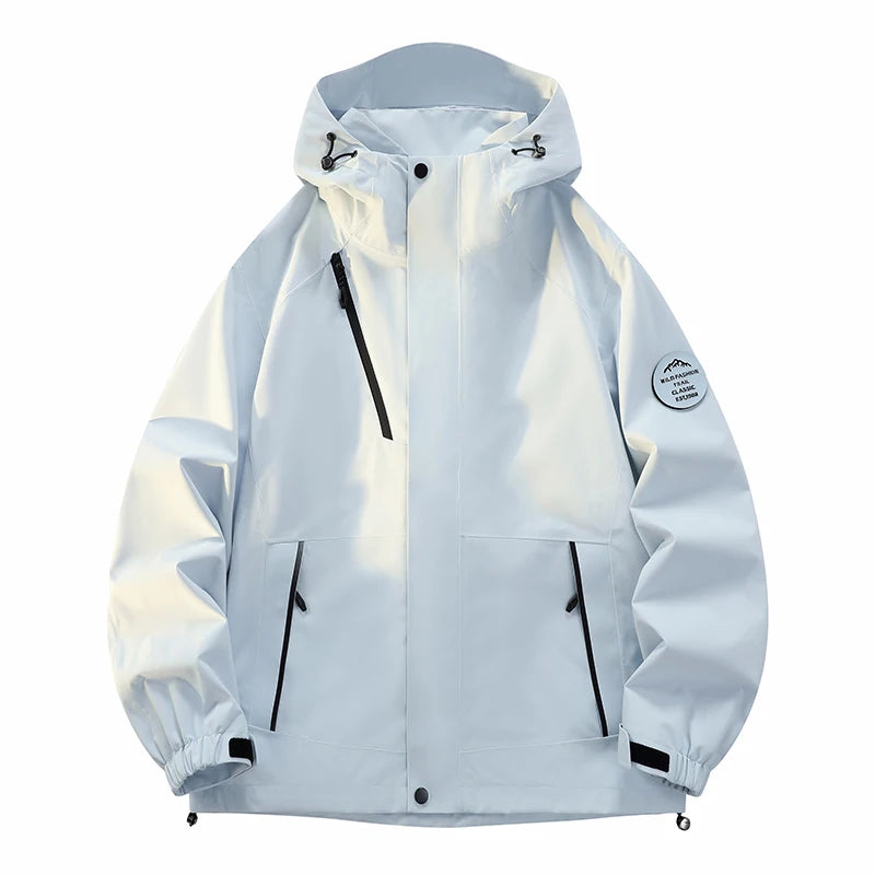 Unisex Waterproof Windproof Hiking Hooded Jacket Breathable Diagonal Zipper Outdoor Hiking Mountain Coat Casual Windbreaker