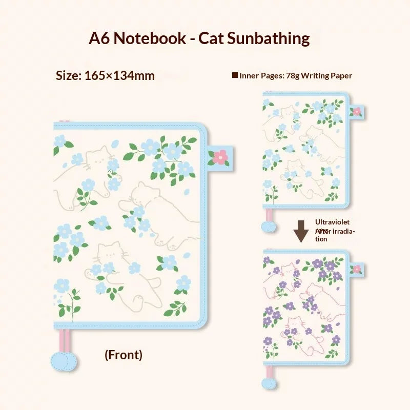 Kinbor Original A6 Light-sensitive Color Changing Undated Planner, Cat Sunbathing Design, Healing Journal, Girls Stationery Gift
