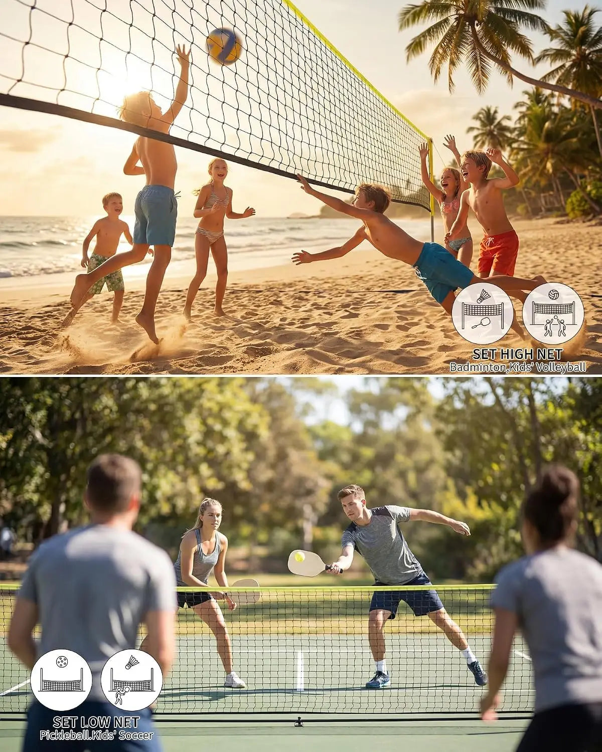 Tacleekii Badminton Net 16.8ft, Portable Set with 4 Rackets, Height Adjustable 3.5-5ft,16.8ft Court,4 Players,4 Sports In One Net,Kit + Carry Bag Included,Tool-Free Setup