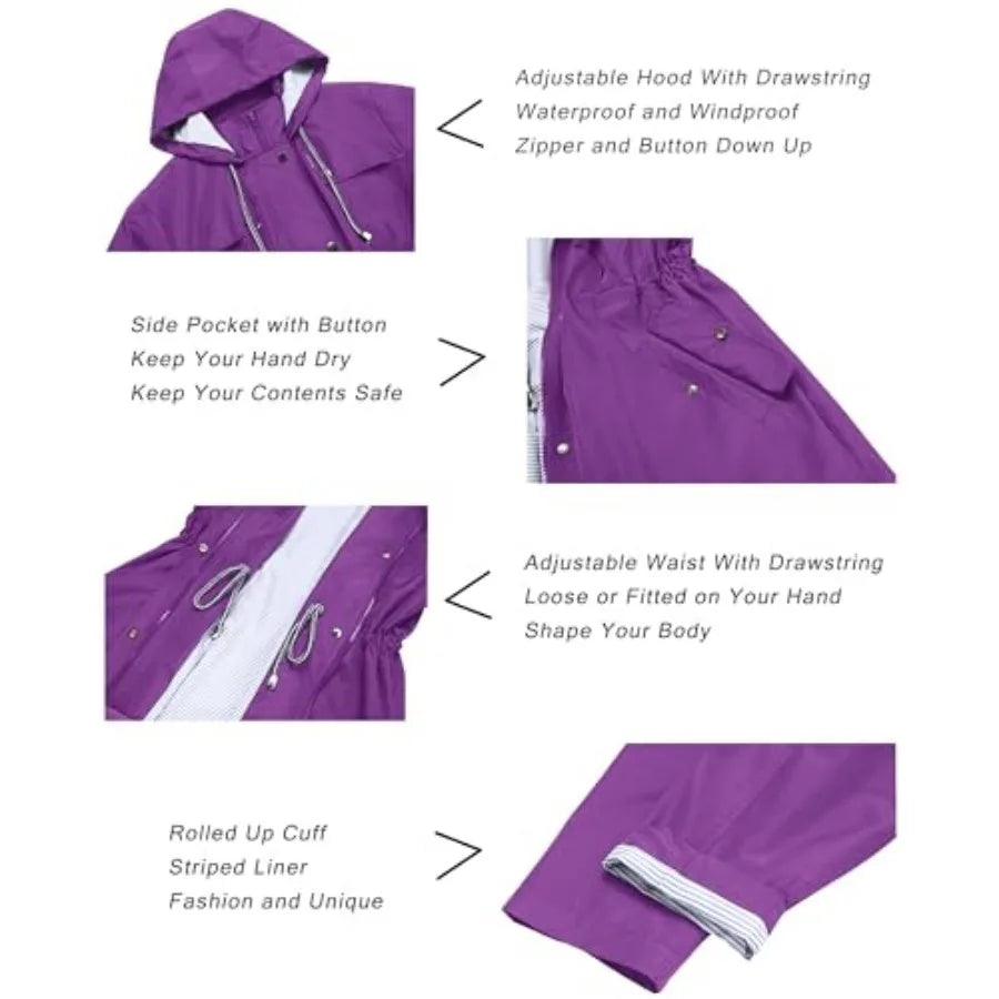 Women's Lightweight Waterproof Hooded Lined Raincoat For Outdoor Use