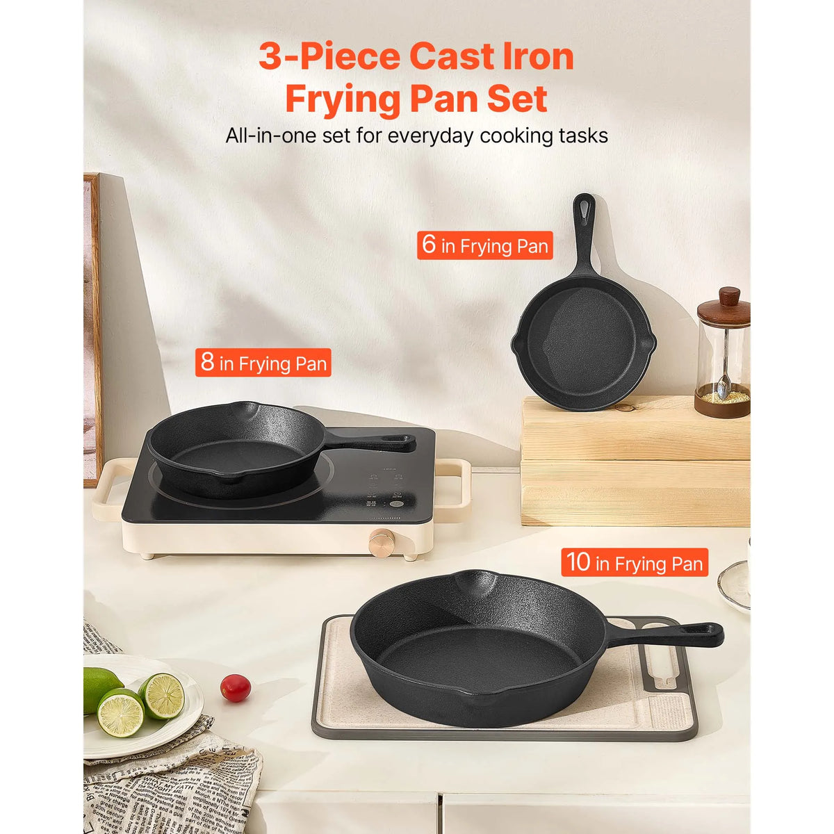 SucceBuy Cast Iron Skillet 3-Piece Frying Pan Set Heavy-Duty Skillets with Heat-Resistant Handle for Oven Gas Electrical Black