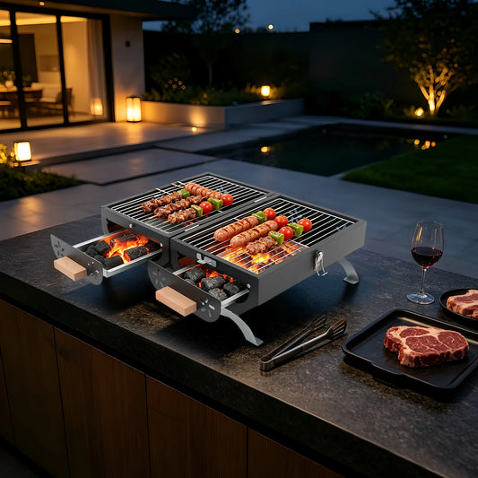 Portable Charcoal Grill, Tabletop Outdoor Barbecue Grill, Double-Sided Folding BBQ Grill for Camping Picnics
