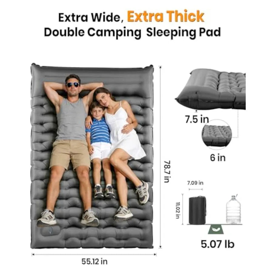 Camping double sleeping pad, self-inflating foam and polyester, gray, 5.9-inch thickness with built-in pillow and foot pump for