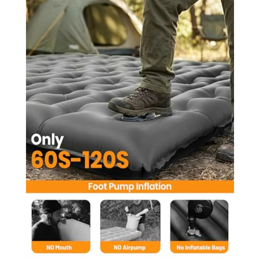 Camping double sleeping pad, self-inflating foam and polyester, gray, 5.9-inch thickness with built-in pillow and foot pump for