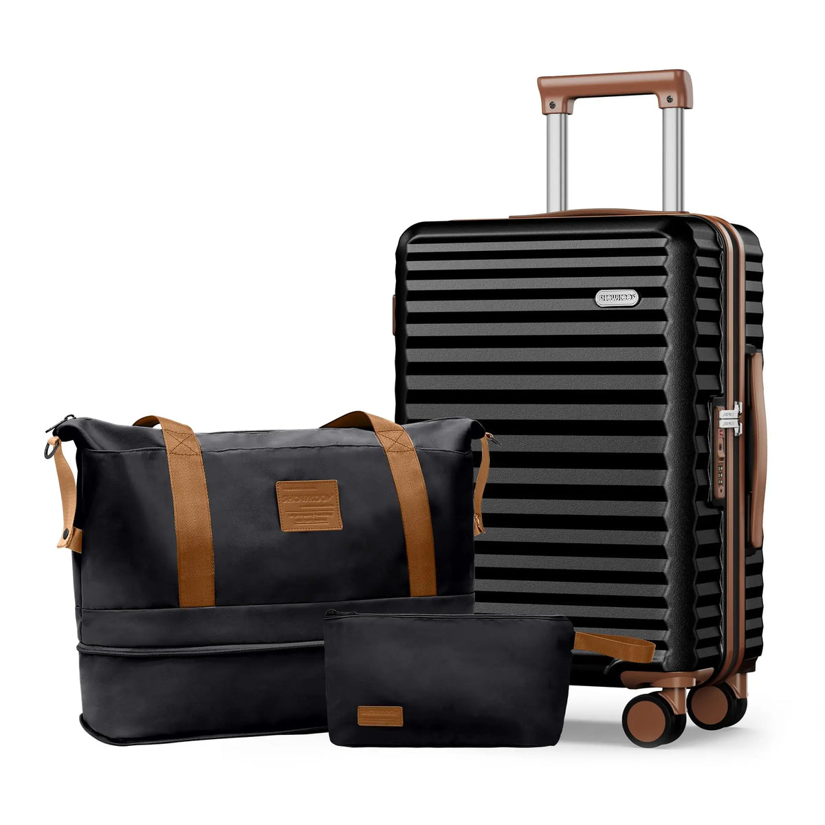 SHOWKOO 20 Inch Carry On Luggage Set, 3 Piece PC Hardshell Suitcase with Expandable Duffel Bag and Toiletry Bag, 360° Spinner Wheels, TSA Lock, Black