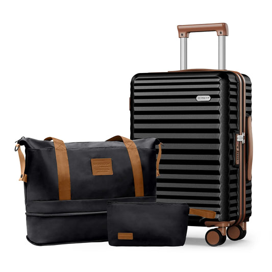 SHOWKOO 20 Inch Carry On Luggage Set, 3 Piece PC Hardshell Suitcase with Expandable Duffel Bag and Toiletry Bag, 360° Spinner Wheels, TSA Lock, Black