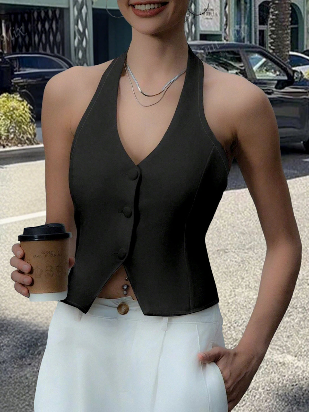 Womens Halter Neck Button Vest Top With Tie Back Detail