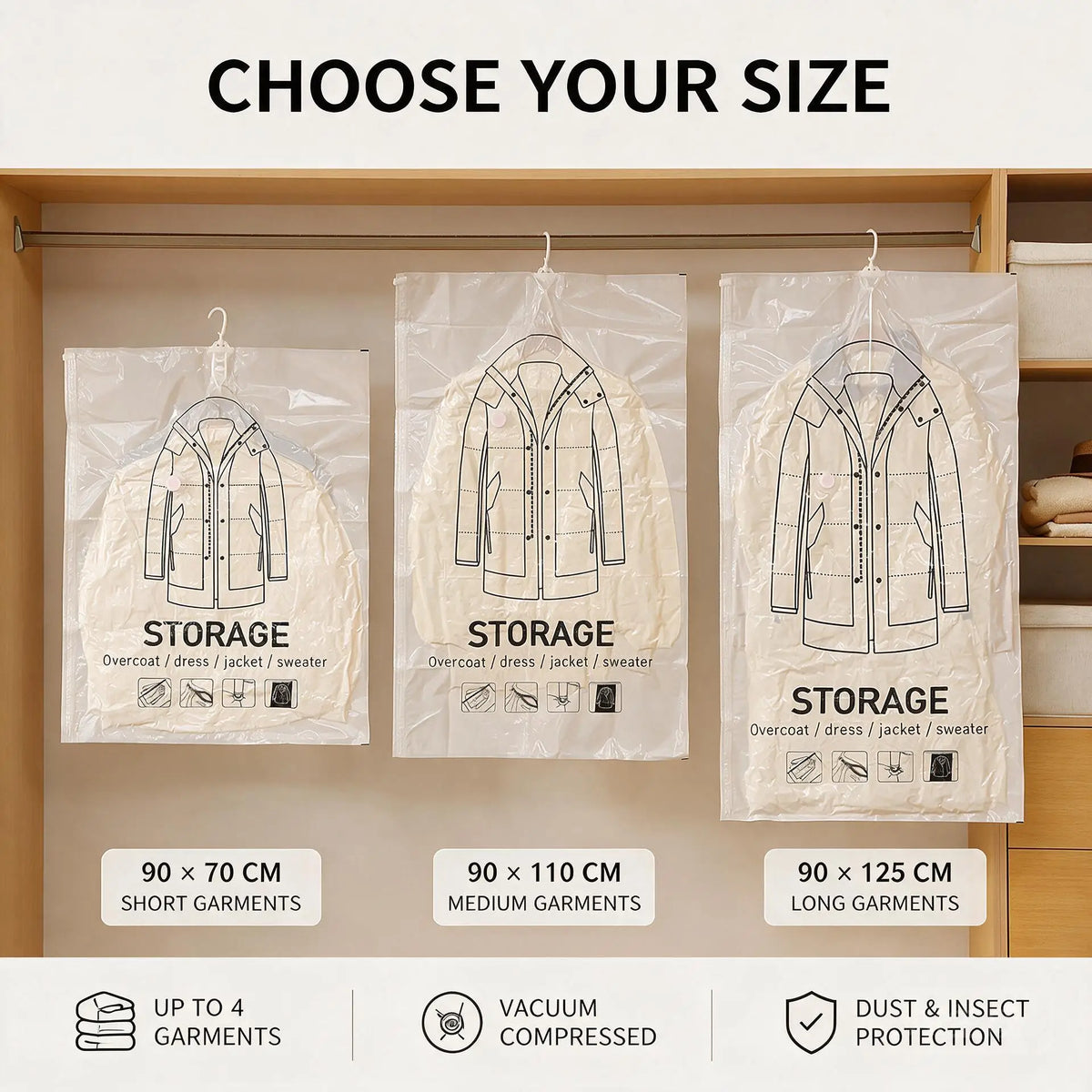 Hanging Vacuum Storage Bags for Clothes, Space Saver Garment Bags for Coats, Jackets, Dresses & Sweaters, Reusable Vacuum Seal Bags for Closet Organization, Winter Clothes, Seasonal Storage, Clear, Large Capacity, Dustproof &
