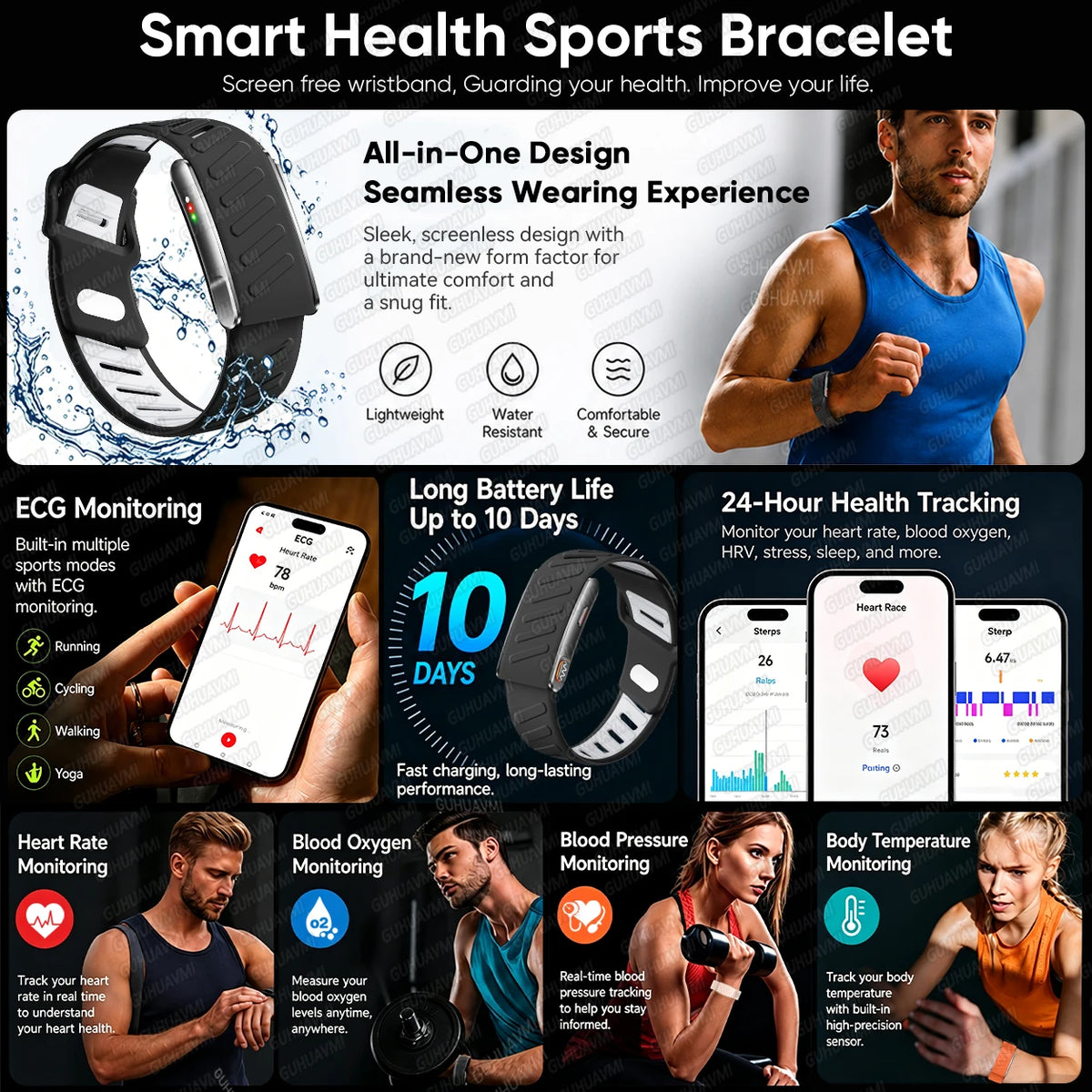 2026 New Screenless ECG+PPG Health Smart Bracelets 24/7 Heart Rate SpO2 Blood Pressure Body Fat 3ATM Fitness Tracker Smart Band