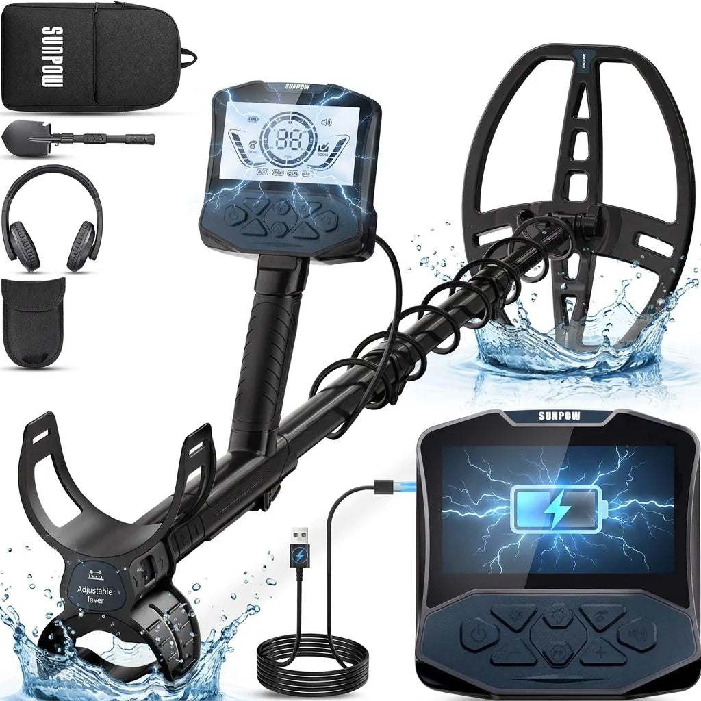 SUNPOW Professional Underground Metal Detector for Adults, Rechargeable, 11" IP68 Waterproof Double D Coil, High Accuracy Gold Detector with Large Backlit LED Display for Outdoor Treasure Hunting, Beach Field Yard Relic Coin