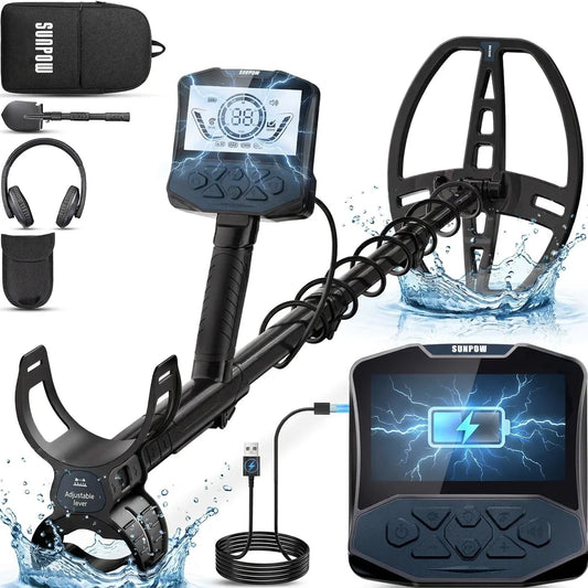SUNPOW Professional Underground Metal Detector for Adults, Rechargeable, 11" IP68 Waterproof Double D Coil, High Accuracy Gold Detector with Large Backlit LED Display for Outdoor Treasure Hunting, Beach Field Yard Relic Coin