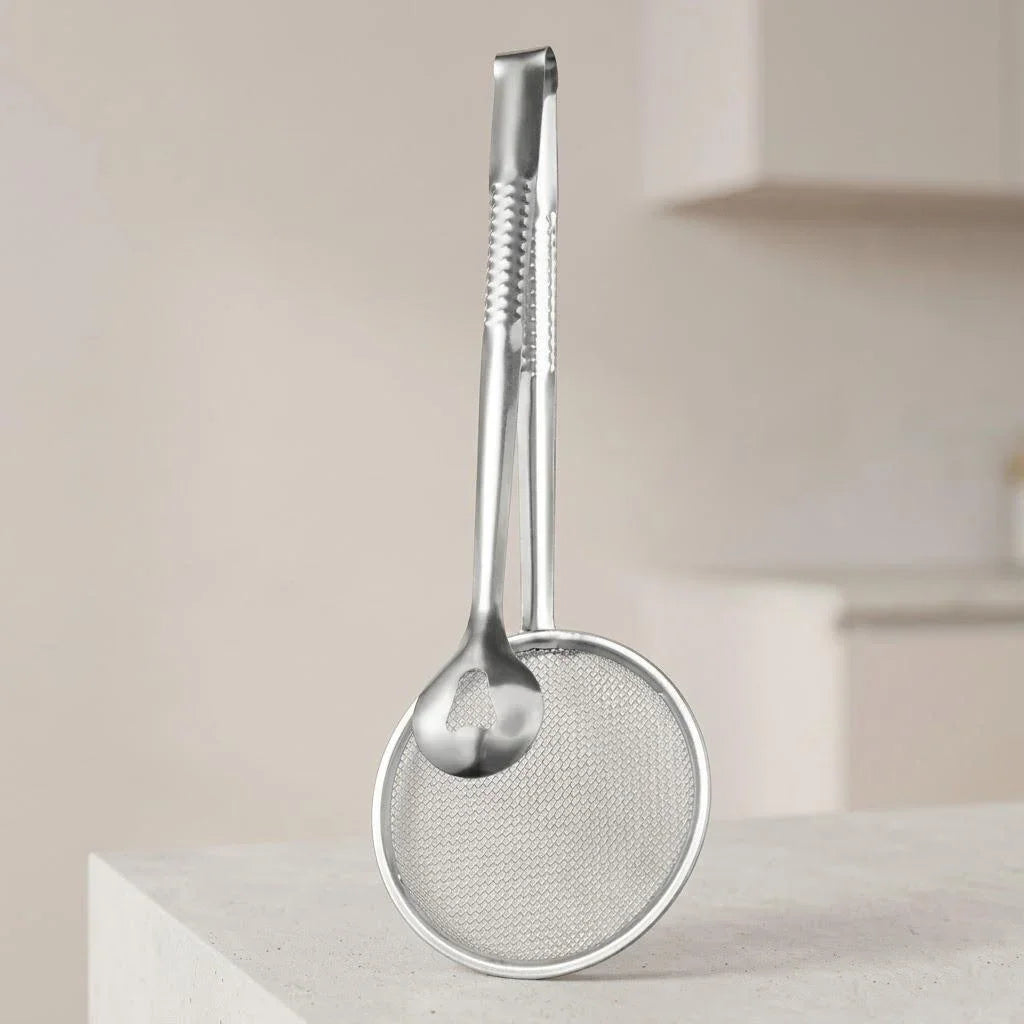 Stainless Steel Multifunctional Mesh Strainer Spoon Clip Oil Filter Colander Heat Resistant Kitchen Utensil Fried Food Salad BBQ Serving Long Handle Non Slip Durable Easy Clean Professional Kitchenware