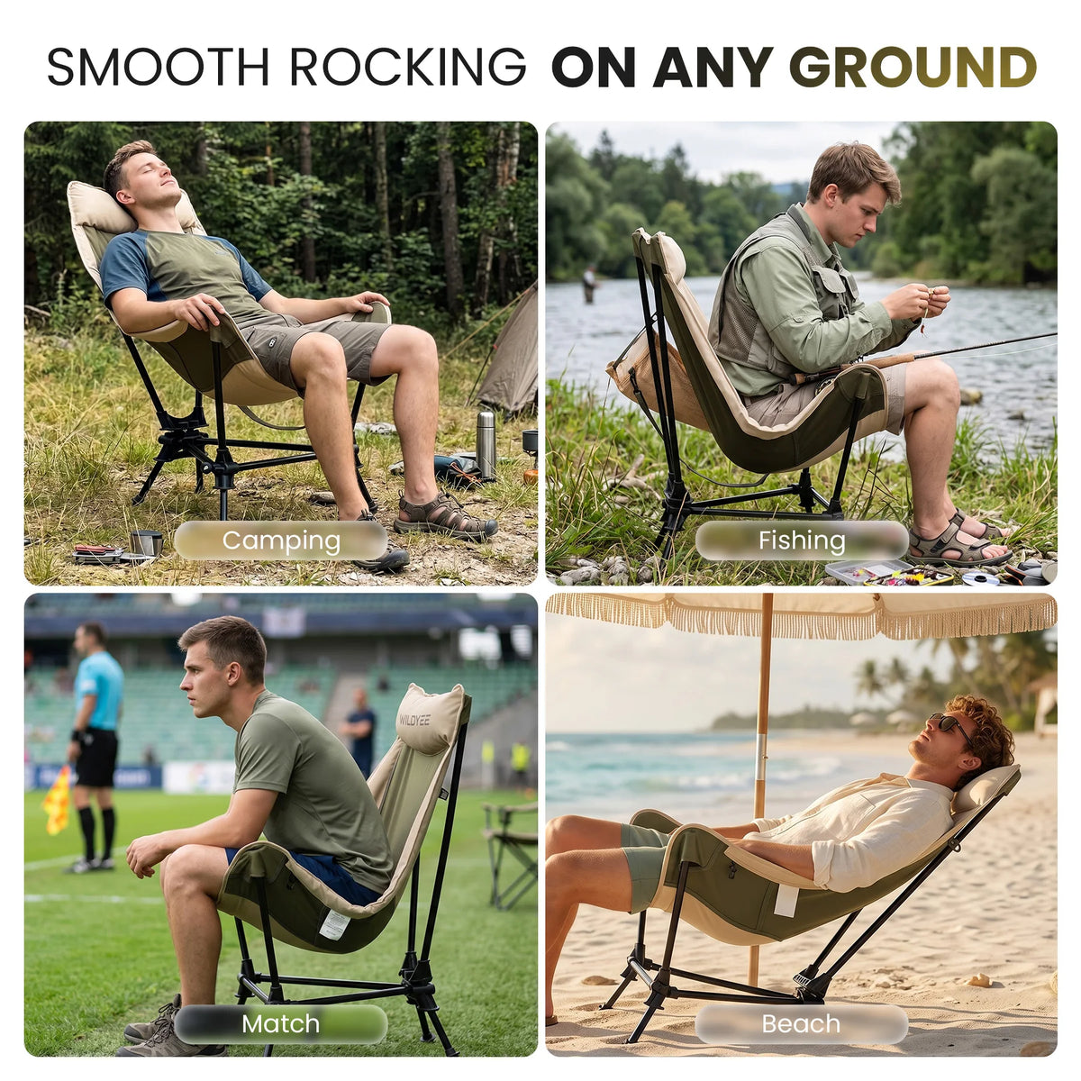 Patented Portable Folding Camping Rocking Chair, 2-Height Adjustable High Back Outdoor Rocker with Padded Headrest & Removable Storage Bag for Camping, Fishing, Beach