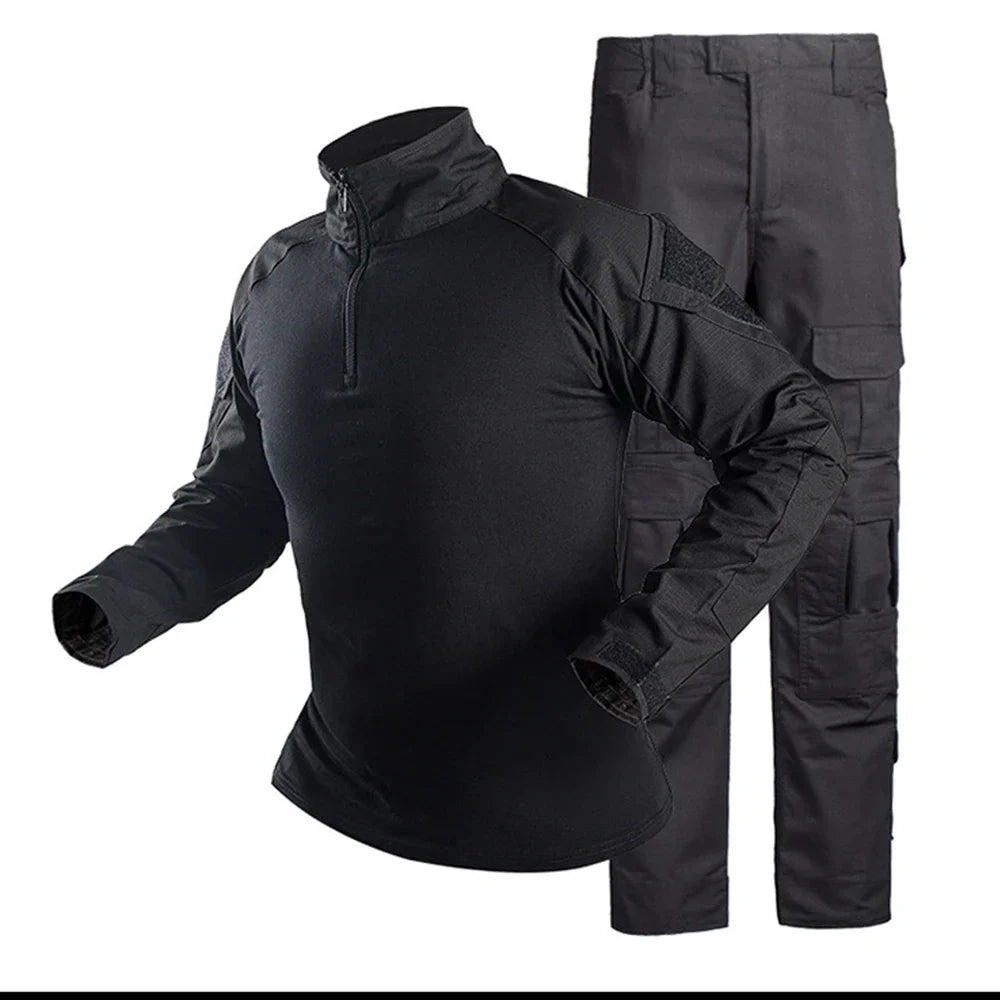 Men's G3 Frog Tactical Suit Combat Shirt Pants Set Camo Black Military Style Uniform with Knee Pads Gloves for Hunting Hiking