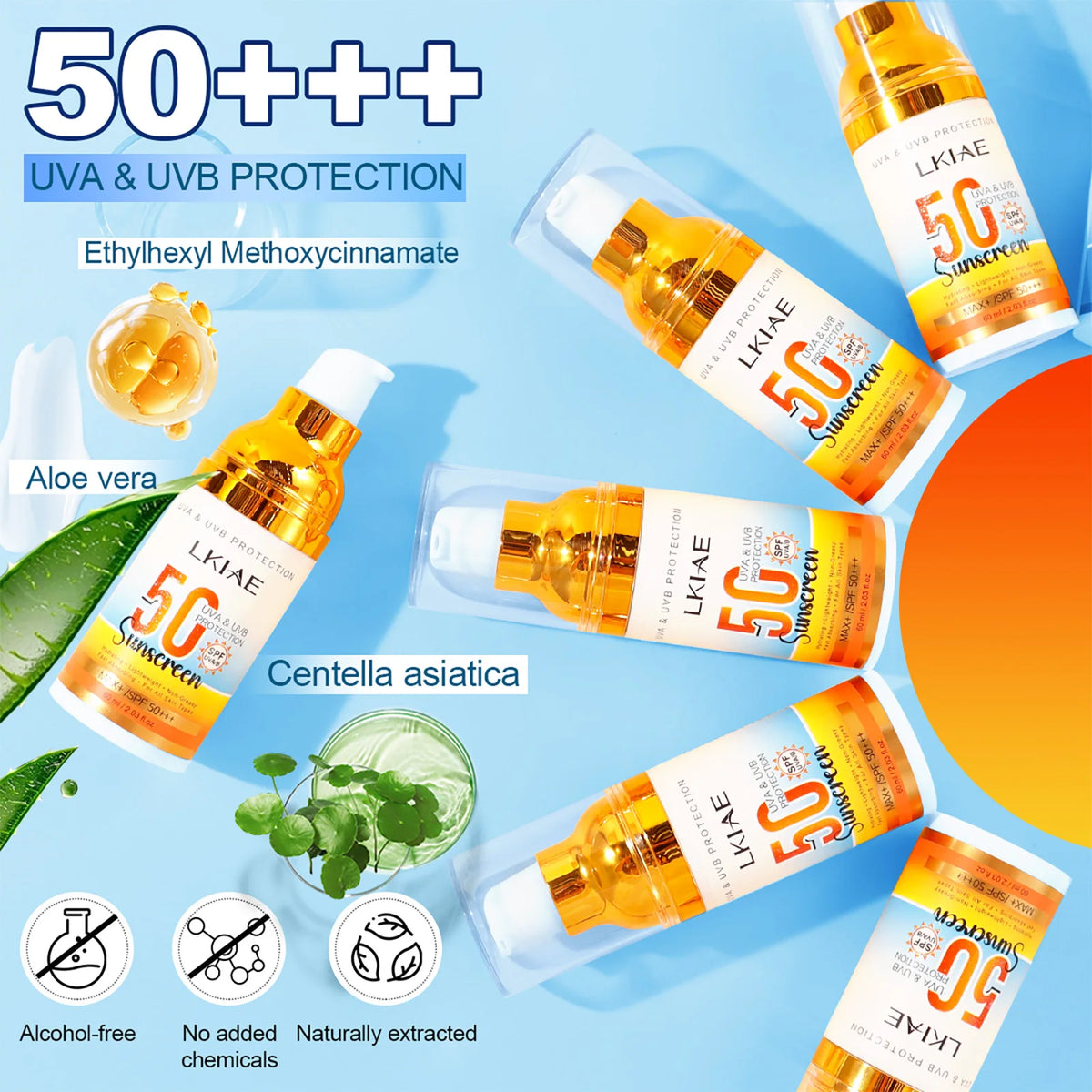 LKIAE Spf 50+ Sunscreen, UVA, UVB Protection, Prevent Sunburn, Skin Darkening, Pigmentation, Anti-Wrinkles, With Aloe Vera