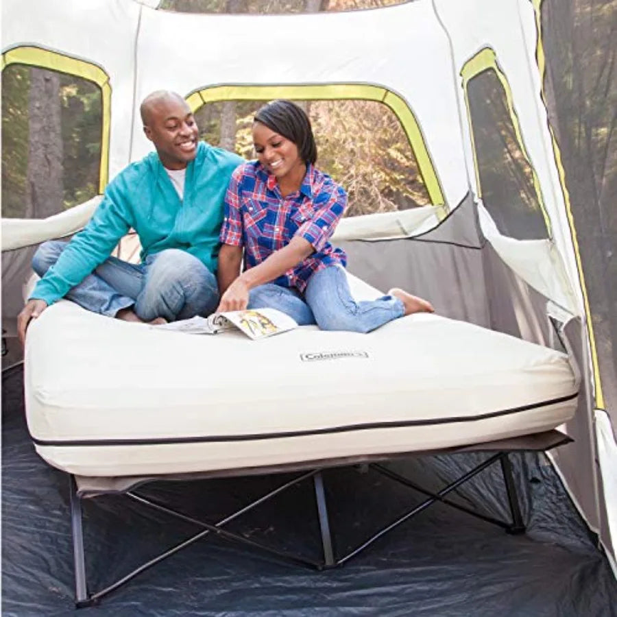 Queen-Size Airbed Cot Combination Folding Air Mattress with Steel Frame and Side Table Battery Pump Included Great for Camping