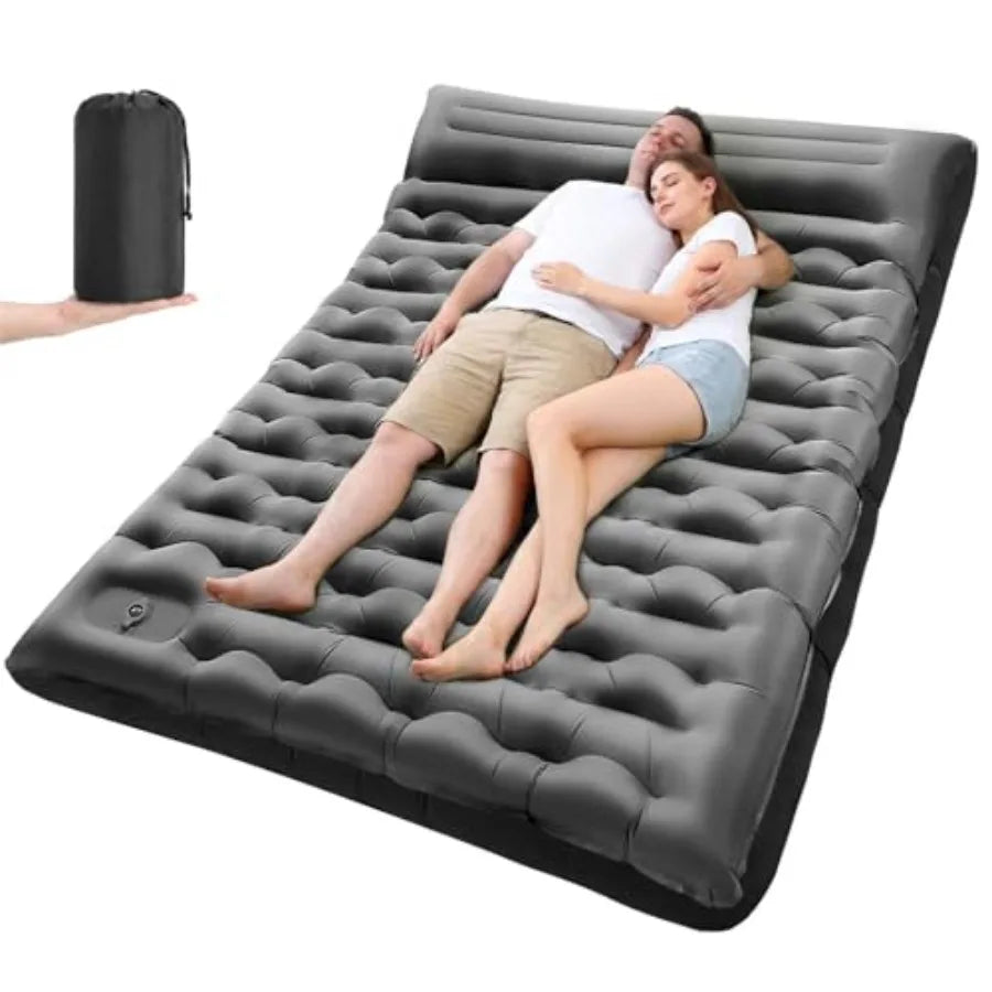 Camping double sleeping pad, self-inflating foam and polyester, gray, 5.9-inch thickness with built-in pillow and foot pump for