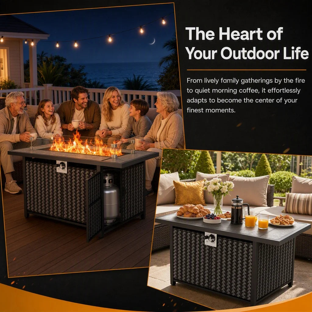 43" Outdoor Propane Fire Pit Table, 50,000 BTU Gas Fire Pit with Premium Ceramic Tabletop, Glass Wind Guard, Lid & Glass Rocks, CSA‑Certified Fire Table for Patio Backyard Party